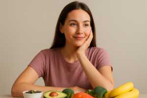 Mulher jovem com expressão serena sentada à mesa ao lado de alimentos saudáveis como abacate, brócolis, banana, salmão e sementes, representando a influência da alimentação na saúde hormonal feminina.