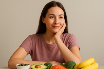 Mulher jovem com expressão serena sentada à mesa ao lado de alimentos saudáveis como abacate, brócolis, banana, salmão e sementes, representando a influência da alimentação na saúde hormonal feminina.